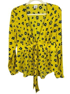 Cabi Presentation Blouse Yellow Floral Cheetah Print Tie Front Peplum M